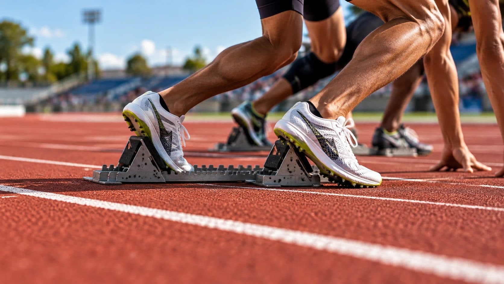 Sprinters set in their starting blocks on a red running track
