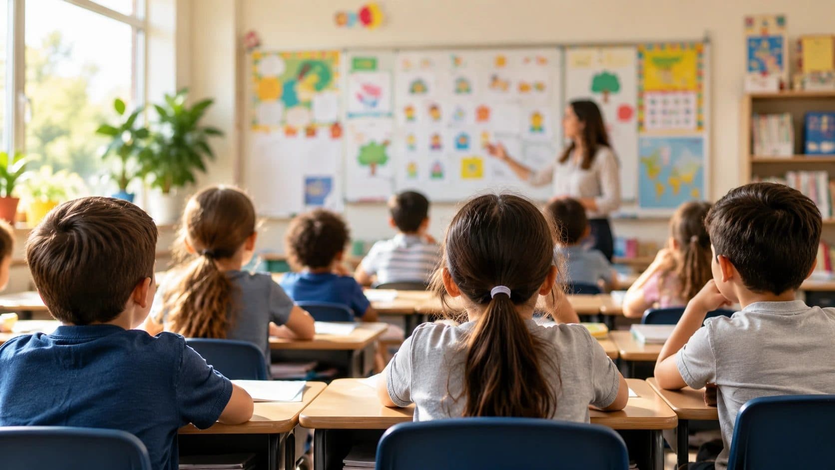 Students at their desks watching a teacher present in a bright classroom