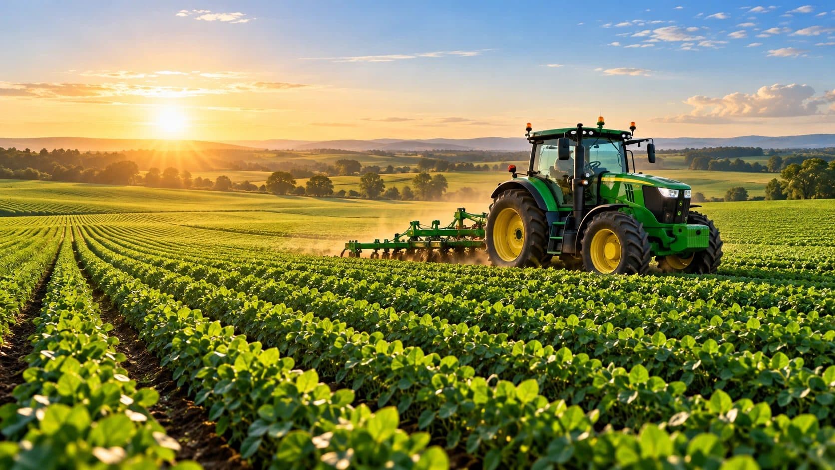 A tractor working rows of green crops on farmland at sunrise