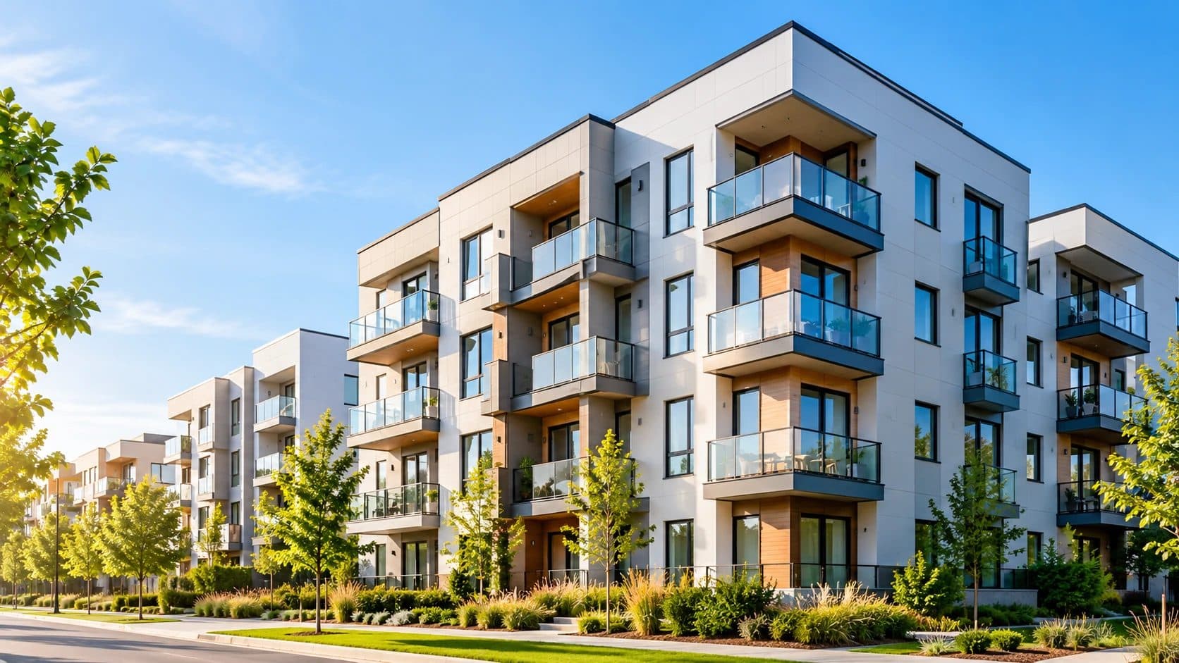 Modern apartment buildings with glass balconies along a landscaped street